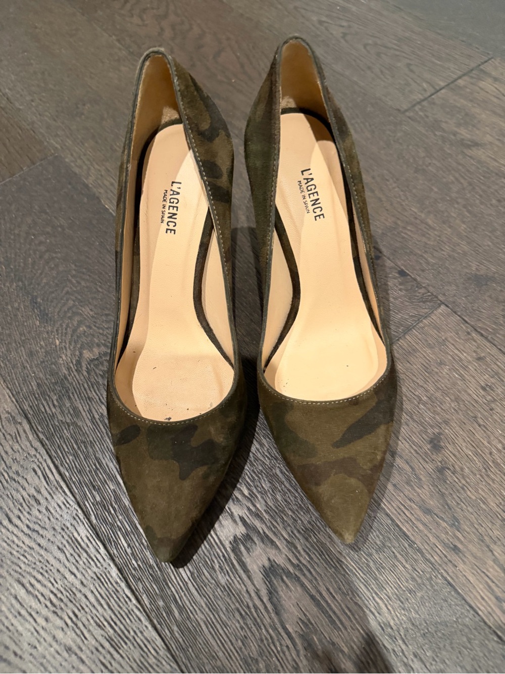 L'AGENCE Olive & Brown Camo Suede Pointed Toe Pumps